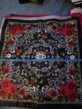 Black Floral Bandana Scarf with Red Roses